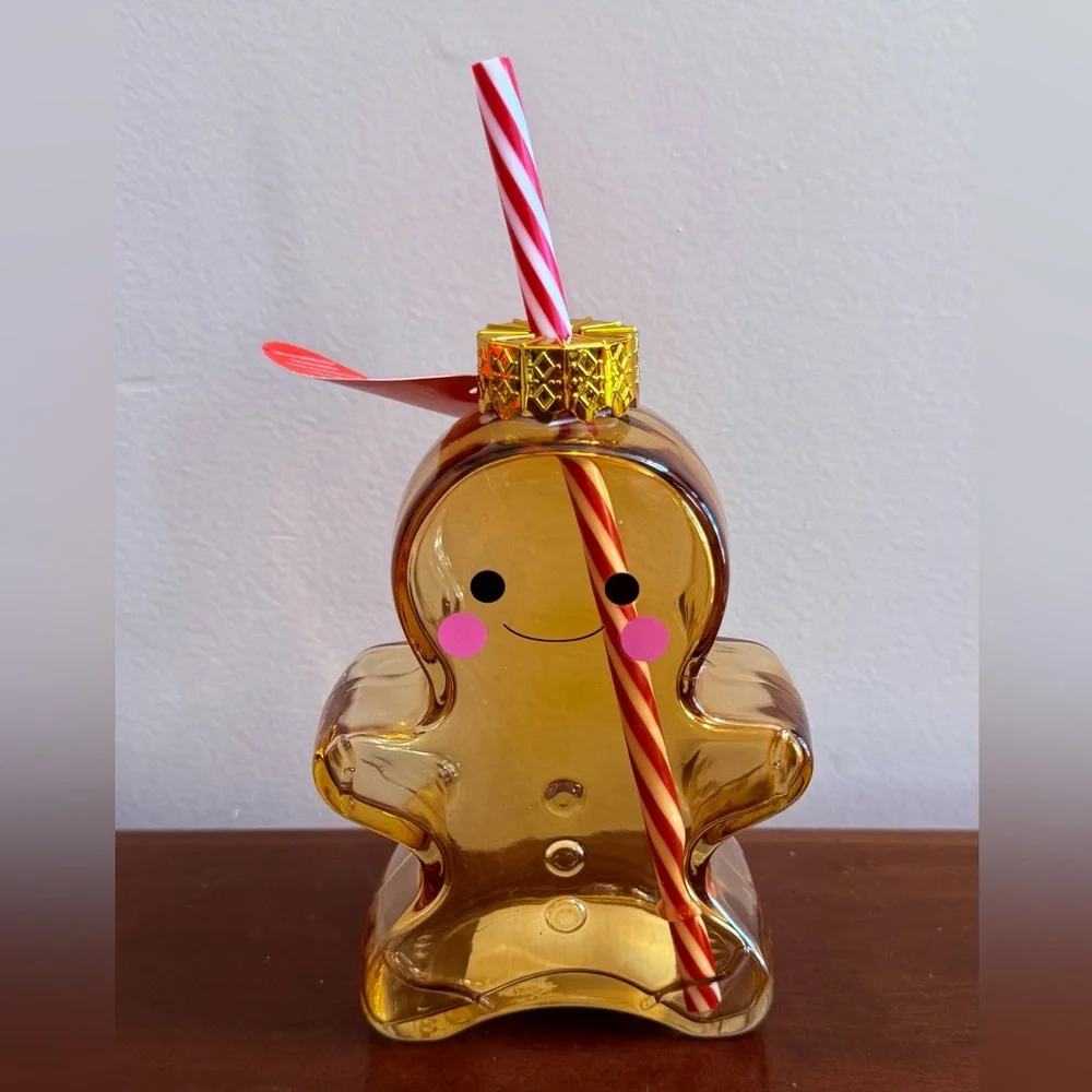 Aldi Viral Holiday Ornament Brown Glass Gingerbread Man Sipper w/ Straw, New